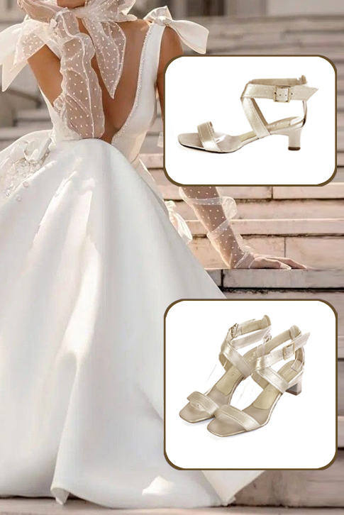 Women's gold elegant fully open cross straps sandals. Square toe. Low kitten heels - Top view